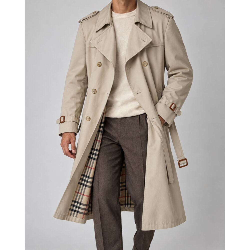 Cortty by El Corte Inglés Men’s Beige Trench Coat Plaid Lined Size 52R/US 42R